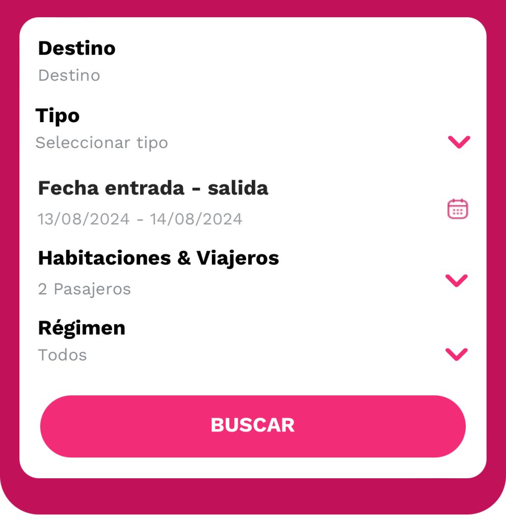 barra de buscador de vacacioneschollo para escoger fecha, destino, tipo de pension, y huespedes y habitaciones
